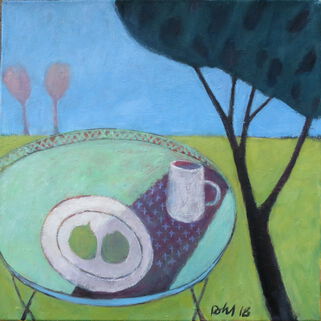 Gemälde, ein Gartentisch gedeckt mit Teller und Tasse neben einem Baum