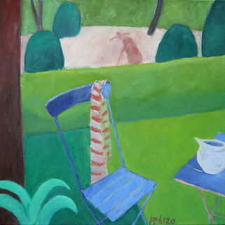 Gemälde, 2 blaue Gartenstühle neben einem Baum