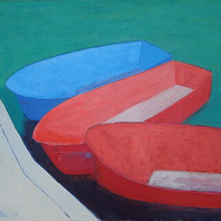 Gemälde mit einem blauen und zwei roten Booten