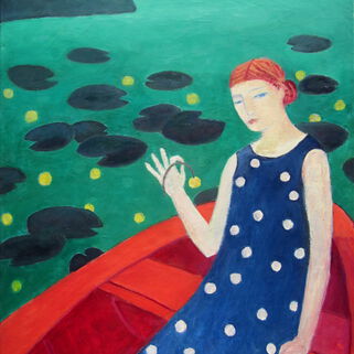 Gemälde, Frau mit blauem Kleid und weißen Punkten sitzt in einem roten Boot